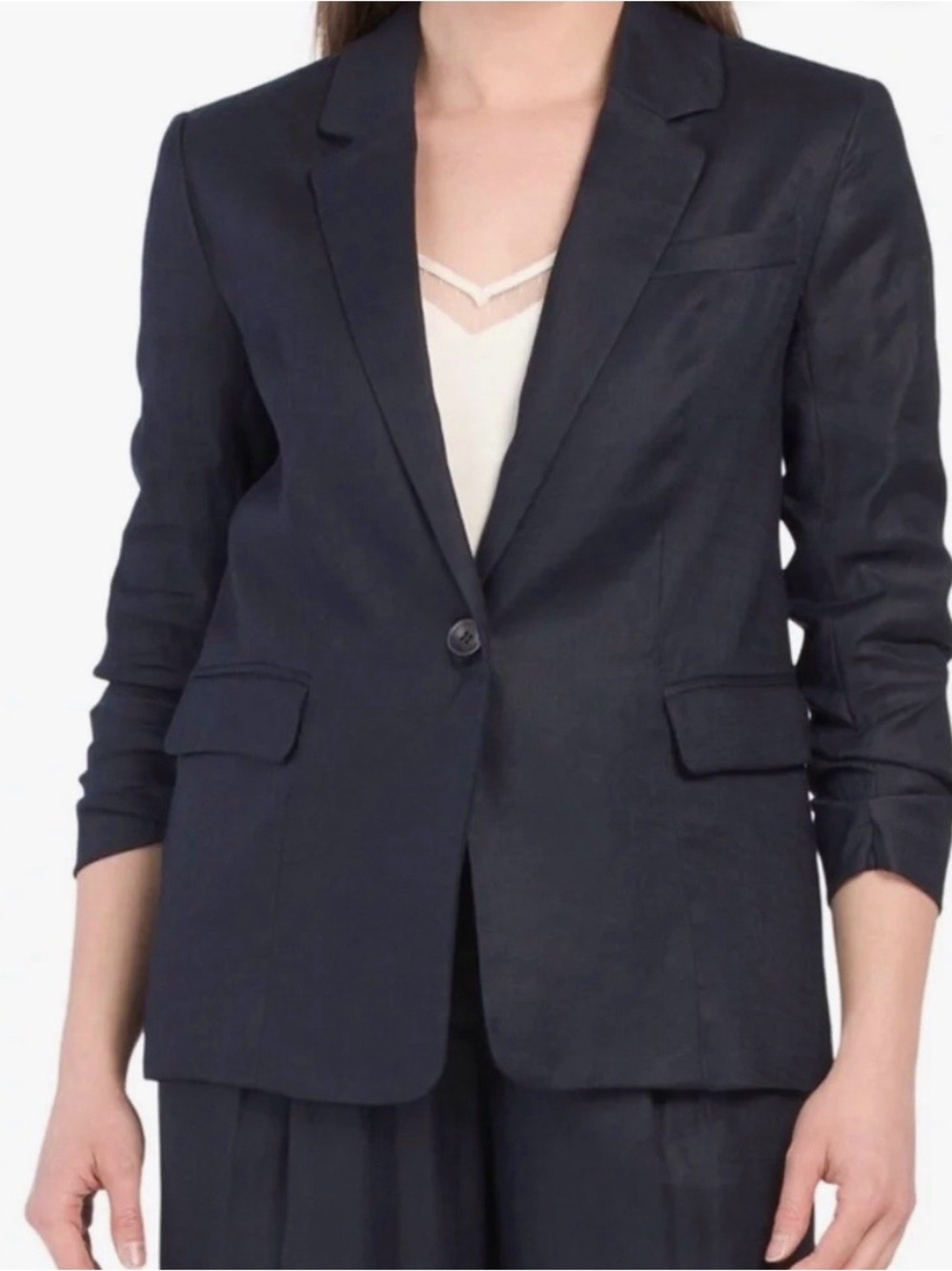 Elie Tahari Dark Navy Linen Single-Button Blazer